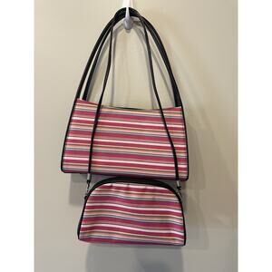 Set Of 2 Pink & Orange Striped Purse w/ Black Handle - Zipper Closure